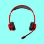 A red colored headset with microphone